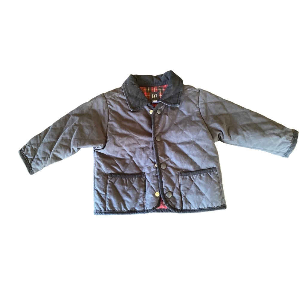Baby Gap Blue Quilted Snap Front Barn Jacket‎ Red Plaid Lining Size 12-18 mo